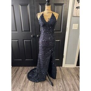 Sequined Navy Blue Evening Gown Prom Dress-Size 2